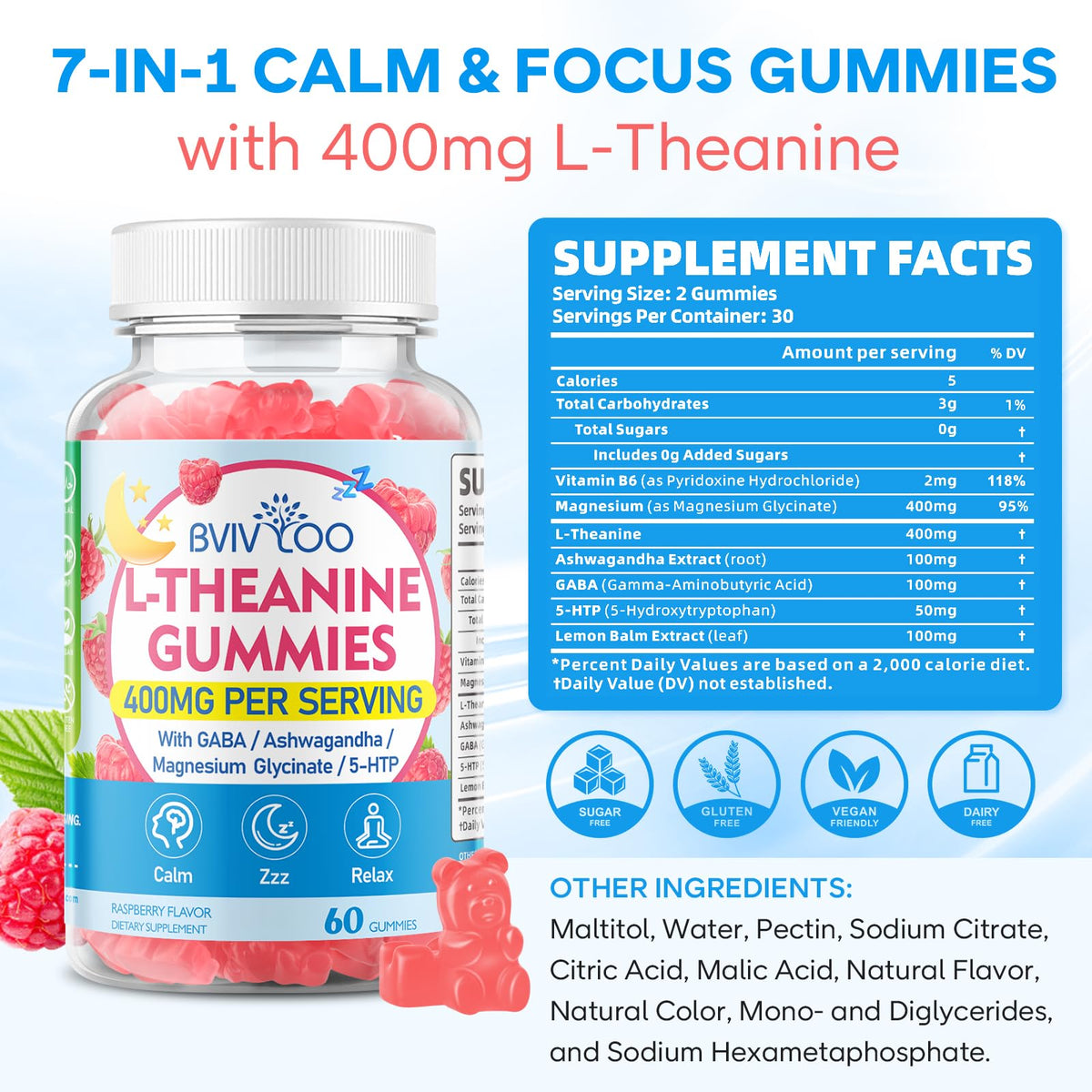 L-Theanine Gummies with Ashwagandha, GABA, 5-HTP, Magnesium Glycinate, Raspberry, 60 Count Y305
