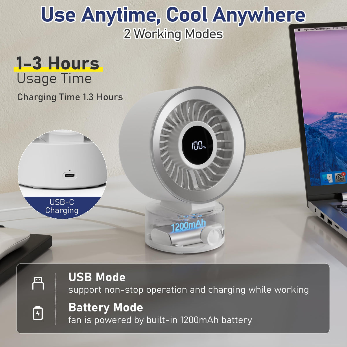 White Rechargeable Desk Fan with 1200mAh Battery C998158