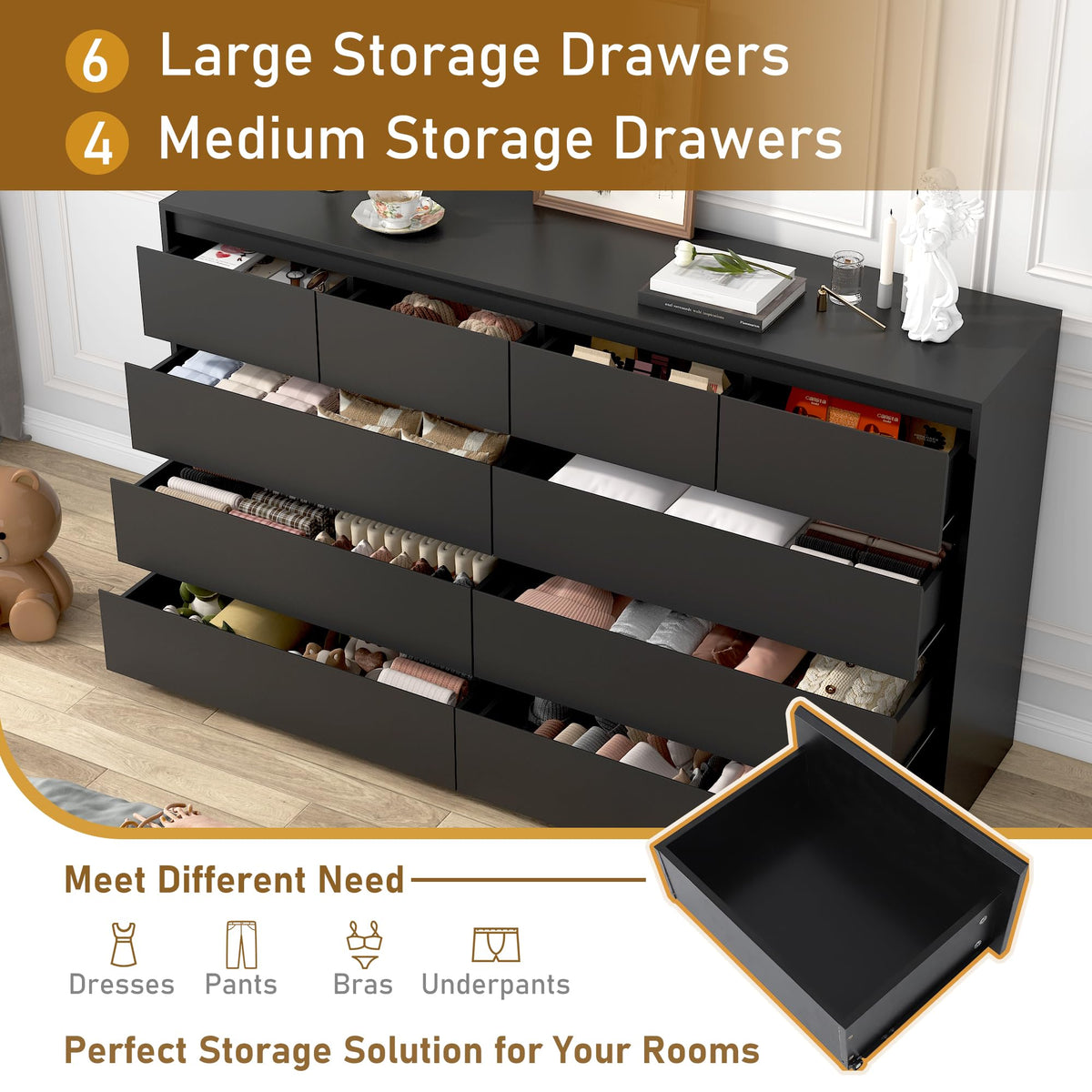 Black 10 Drawer Wood Dresser X6137