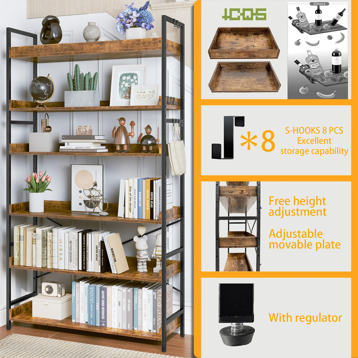Adjustable 6-Tier Wood and Black Metal Bookshelf R80129