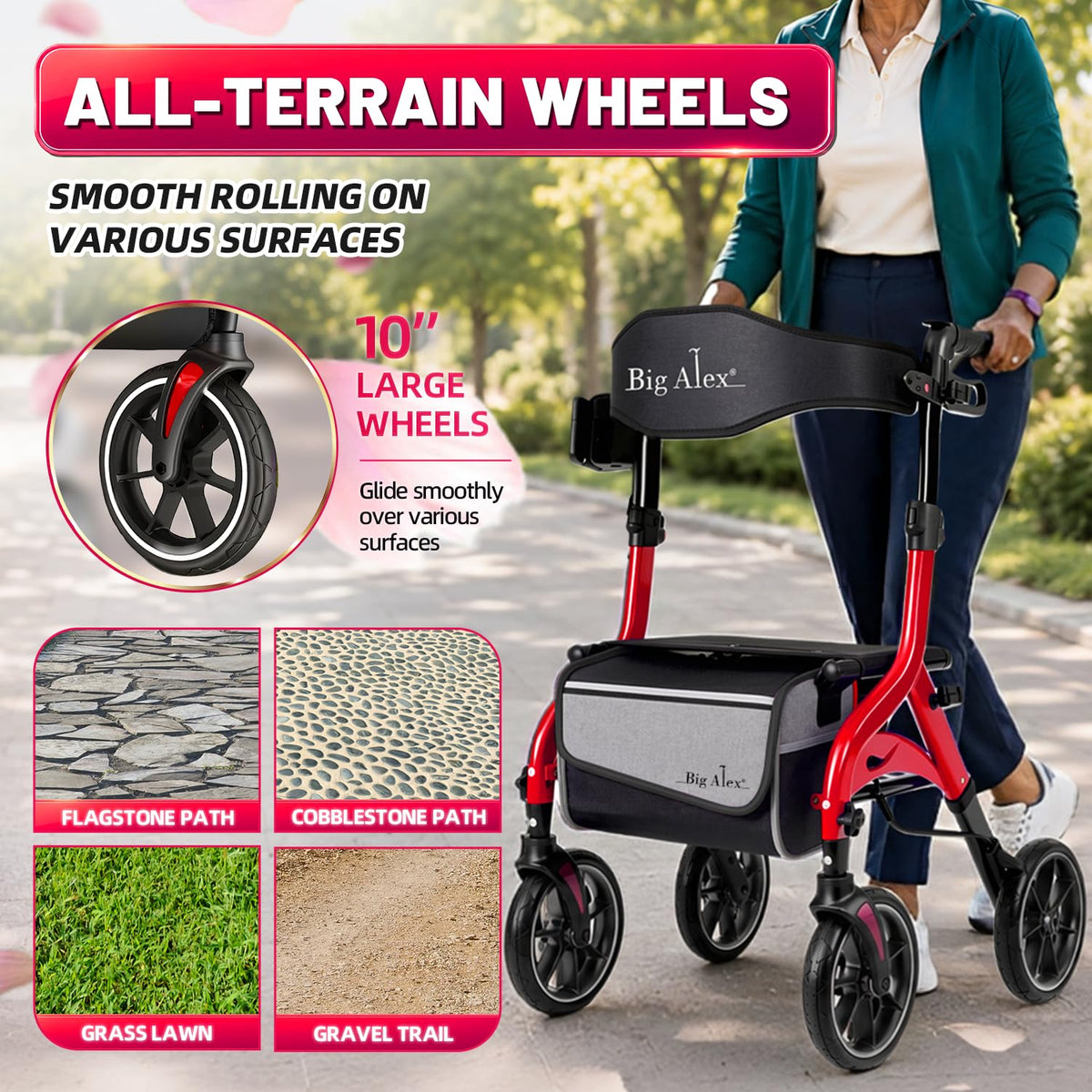 Foldable Red Rollator Walker with Seat Q581273