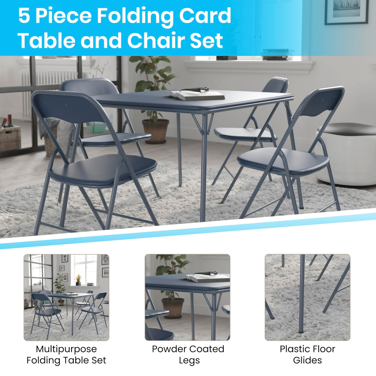 Navy Square Folding Card Table and Chairs Set B898901