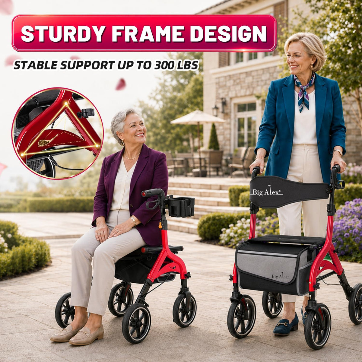 Foldable Red Rollator Walker with Seat Q581273
