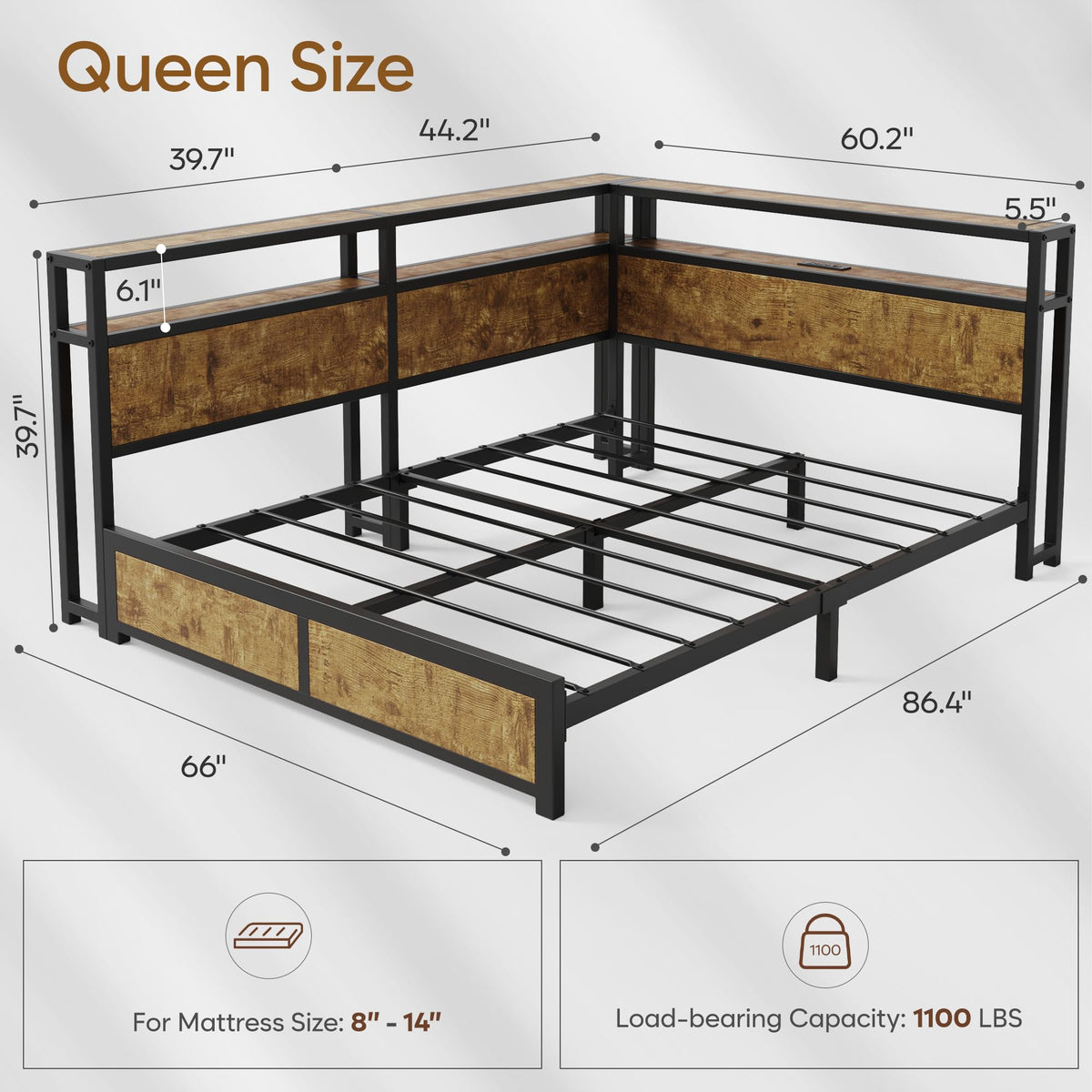 Queen Corner Bed Frame with Storage Headboard and Charging Station U3311