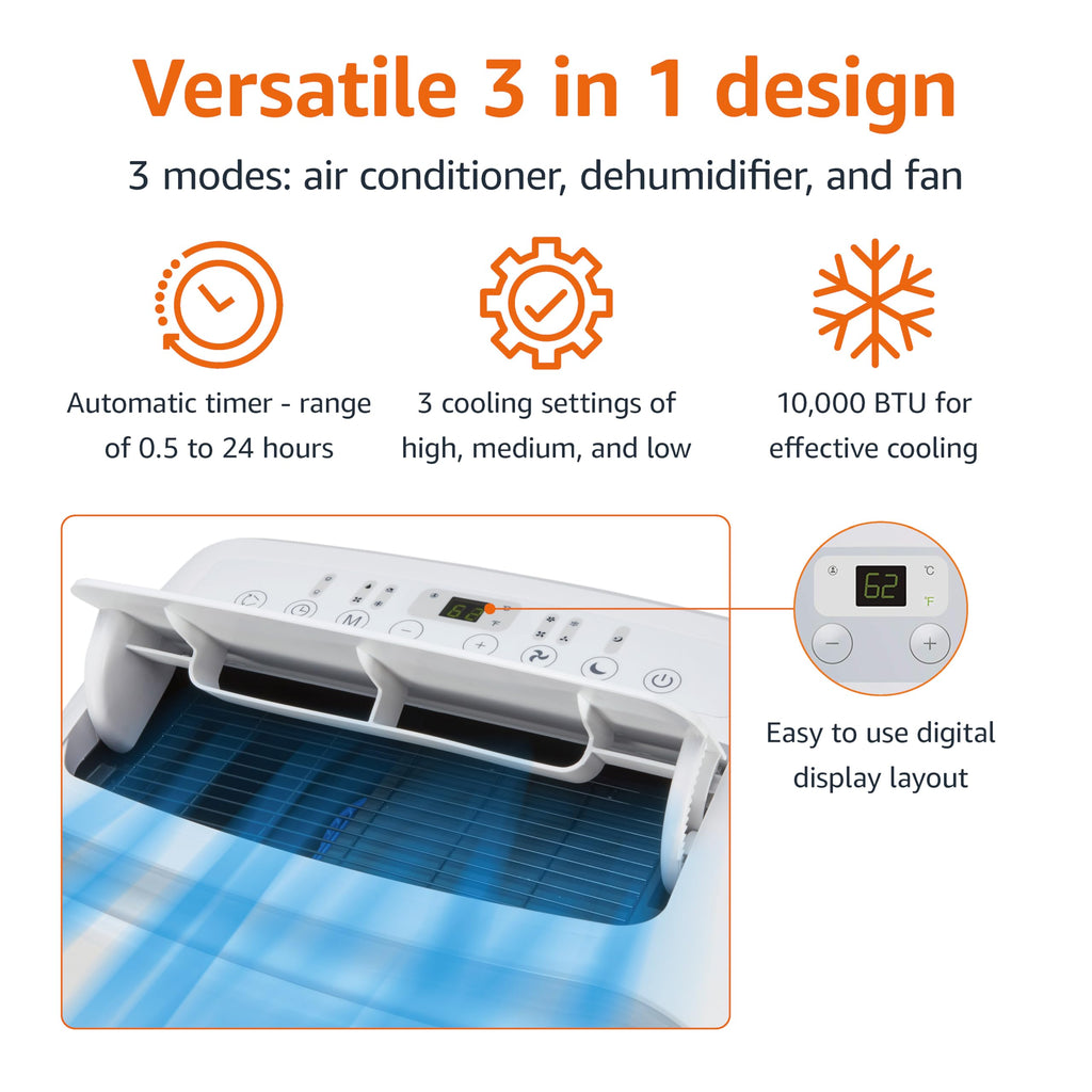 3-In-1 Portable Air Conditioner with Remote, 10000 BTU, White T766