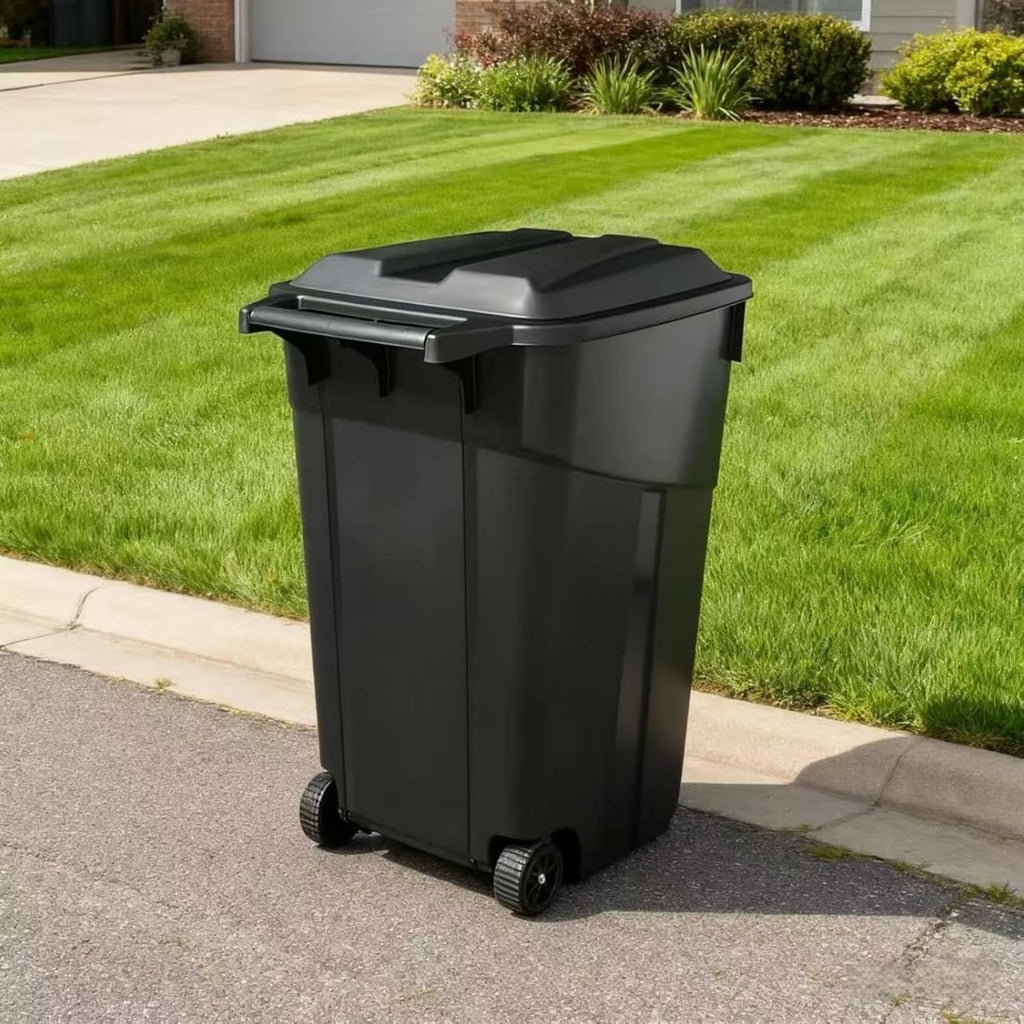 Black 45 Gallon Wheeled Heavy Duty Plastic Trash Can with Lid B484