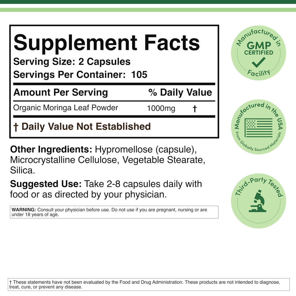 Organic Moringa Leaf 1,000mg 210 Capsules G6259