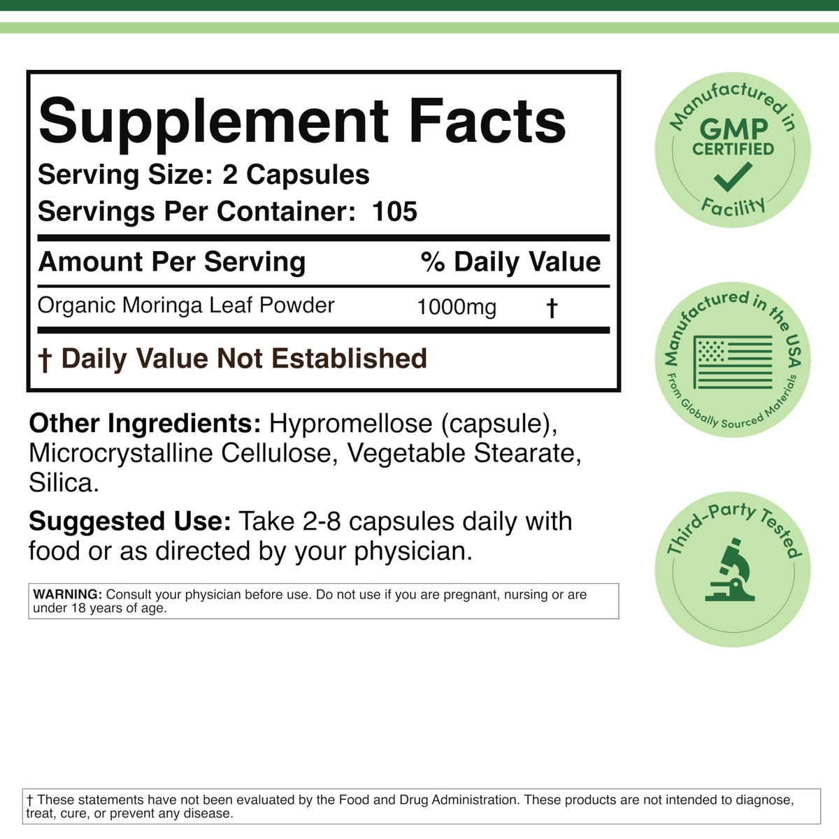 Organic Moringa Leaf 1,000mg 210 Capsules G6259