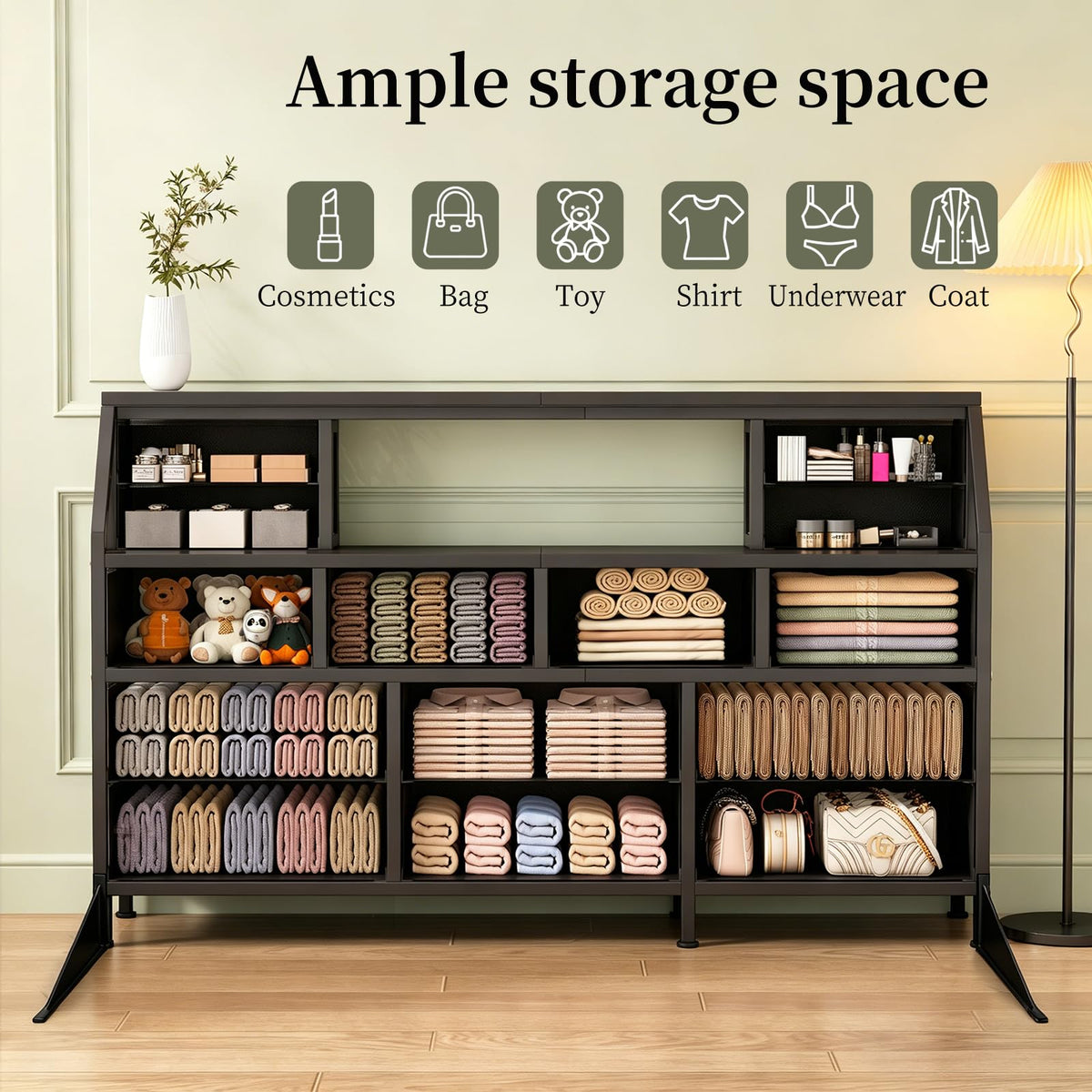 55" Black 14 Drawer Fabric Dresser with Open Shelf F169708