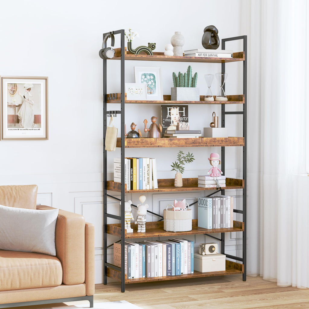Adjustable 6-Tier Wood and Black Metal Bookshelf R80129