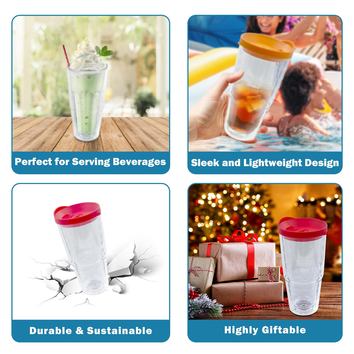 20 oz 4 Pack Double Wall Clear Acrylic Tumbler Cups with Lids R399