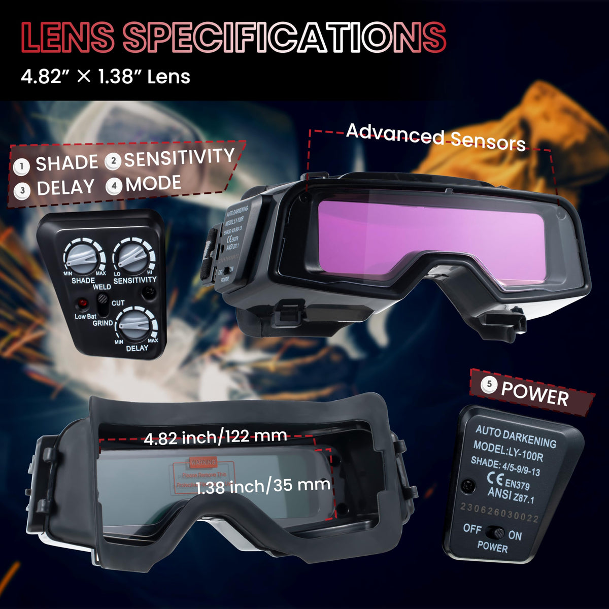 Auto Darkening Welding Goggles with Welder Mask and 10 Replacement Lenses F801