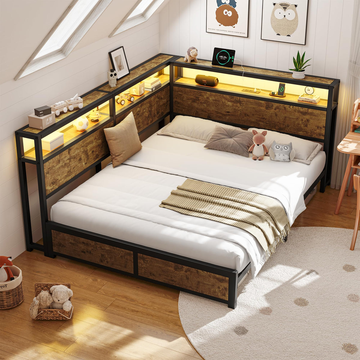 Queen Corner Bed Frame with Storage Headboard and Charging Station U3311