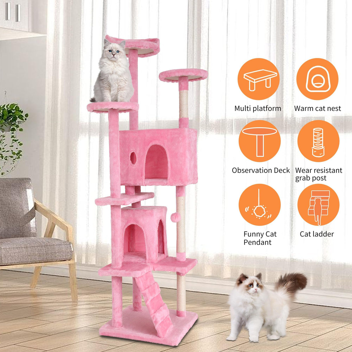 70-inch Pink Multi-Level Cat Tower & Cat Condo with Scratching Post O145