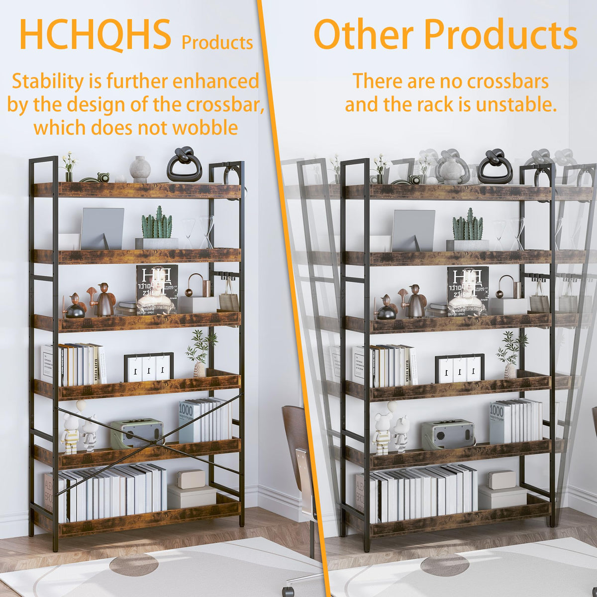 Adjustable 6-Tier Wood and Black Metal Bookshelf R80129