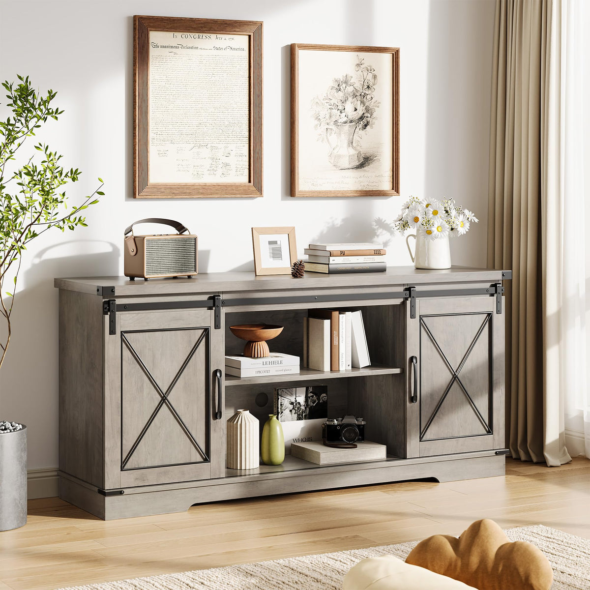 Farmhouse TV Stand with Sliding Barn Doors and Storage Cabinets, Grey G4601