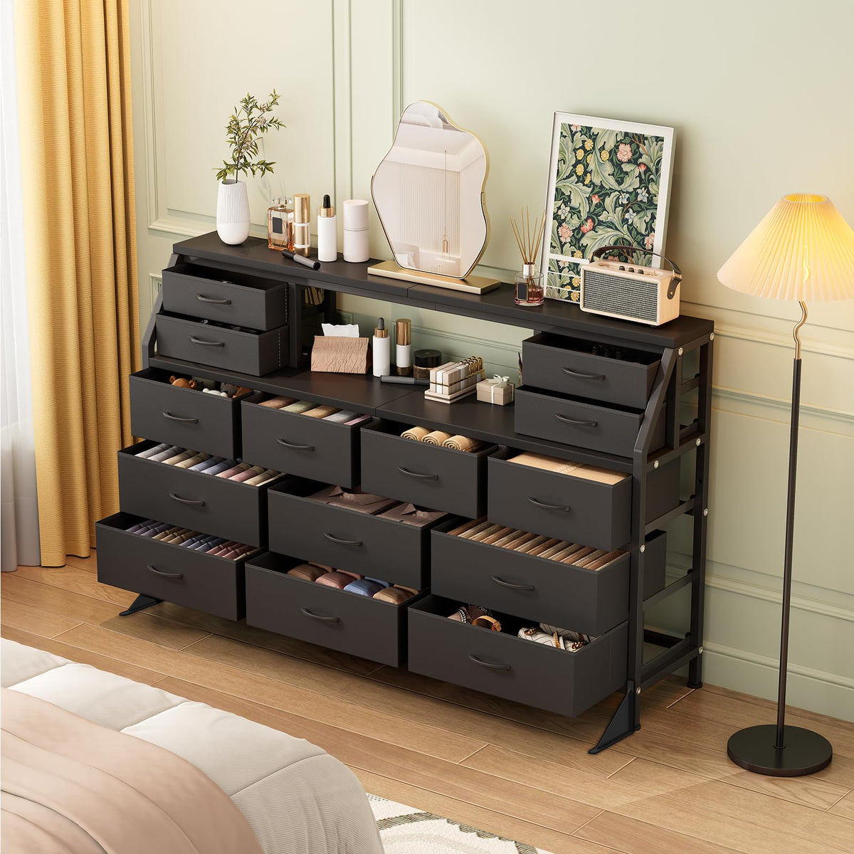 55" Black 14 Drawer Fabric Dresser with Open Shelf F169708