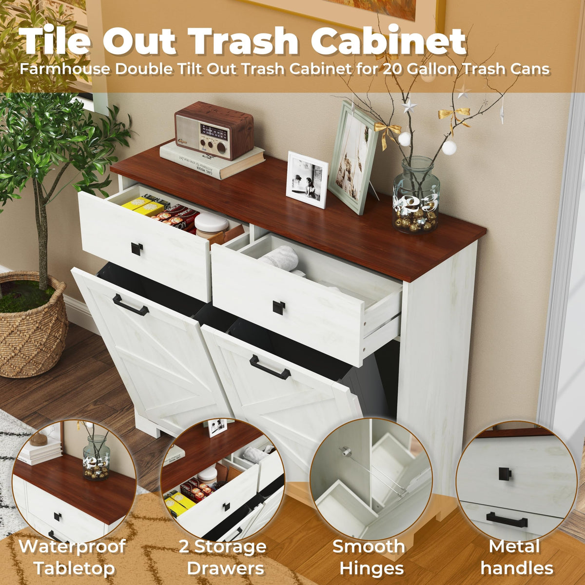 Antique White Wooden Tilt Out Trash Cabinet with 2 Storage Drawers X18880