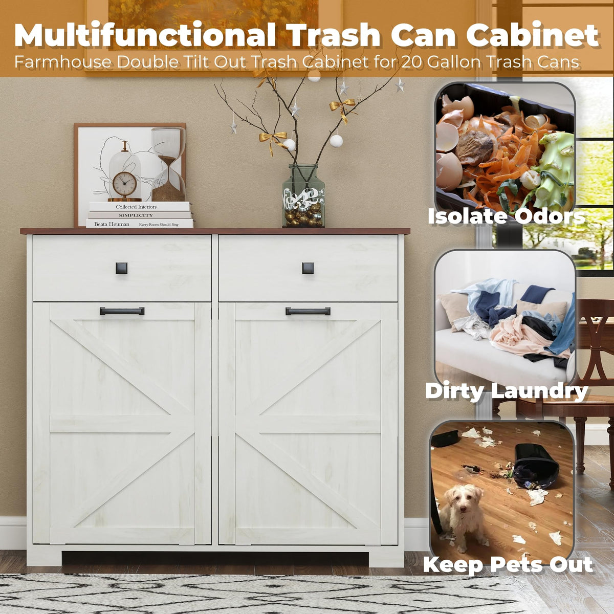 Antique White Wooden Tilt Out Trash Cabinet with 2 Storage Drawers X18880